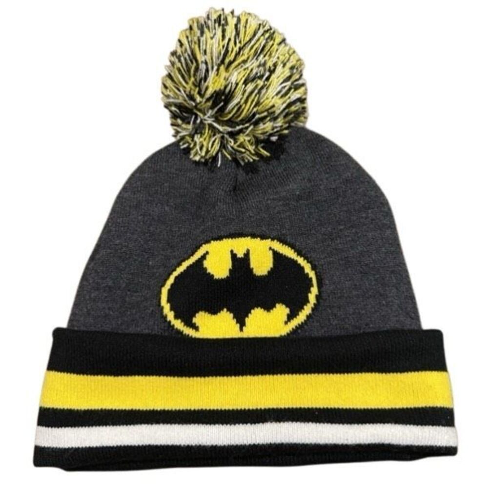 DC Comics Batman Striped Cuffed Pom Pom Beanie Winter Hat